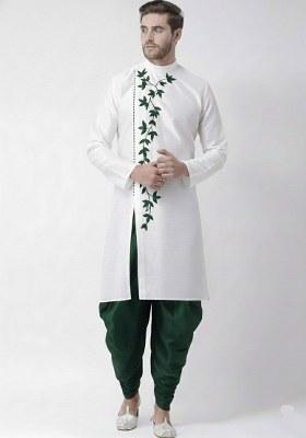 White Embroidered Dupion Silk Kurta Set For Men