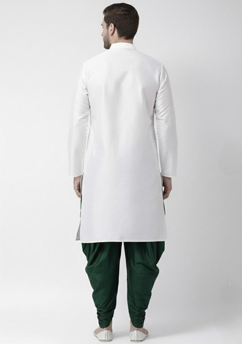 White Embroidered Dupion Silk Kurta Set For Men - Indya