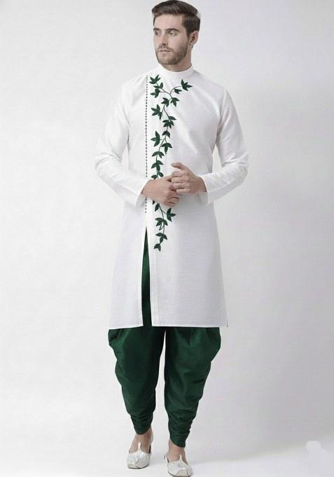 White Embroidered Dupion Silk Blend Kurta Set For Men
