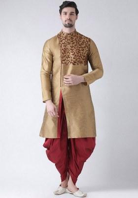 Beige Embroidered Dupion Silk Kurta Set For Men