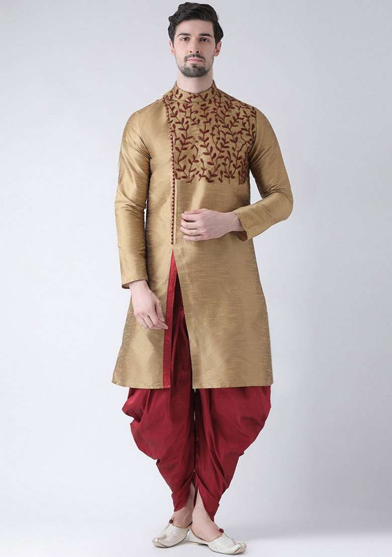 Beige Embroidered Dupion Silk Blend Kurta Set For Men - Indya
