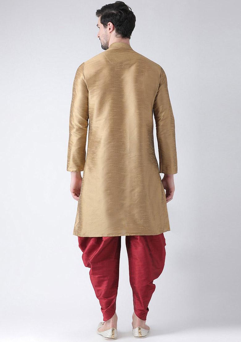 Beige Embroidered Dupion Silk Kurta Set For Men - Indya