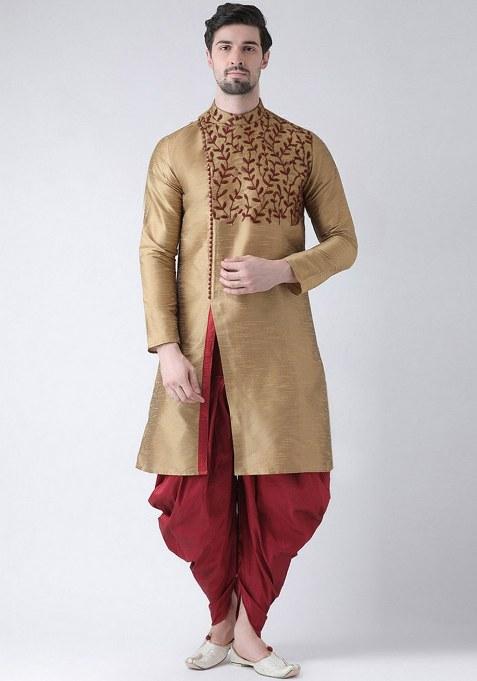 Beige Embroidered Dupion Silk Kurta Set For Men