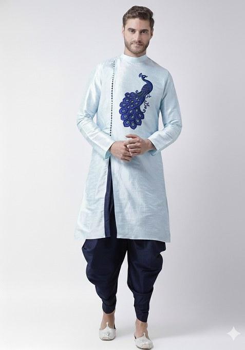 Light Blue Embroidered Dupion Silk Kurta Set For Men