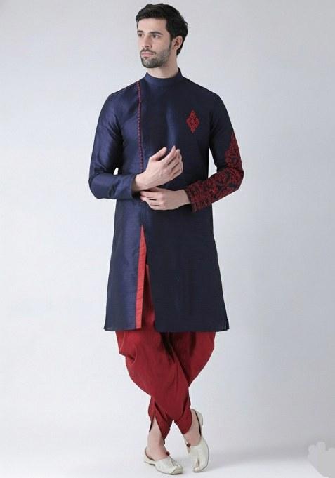 Navy  Embroidered Dupion Silk Kurta Set For Men