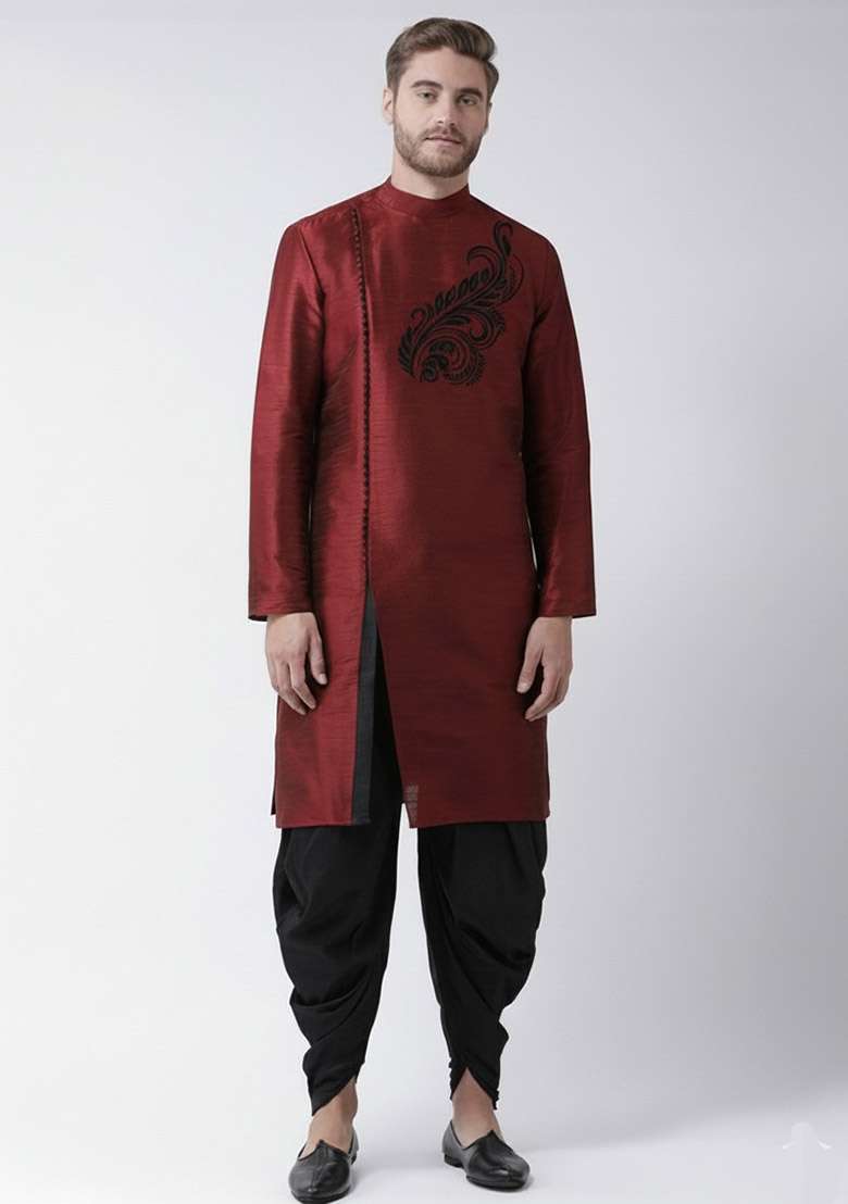 Maroon Embroidered Dupion Silk Blend Kurta Set For Men - Indya