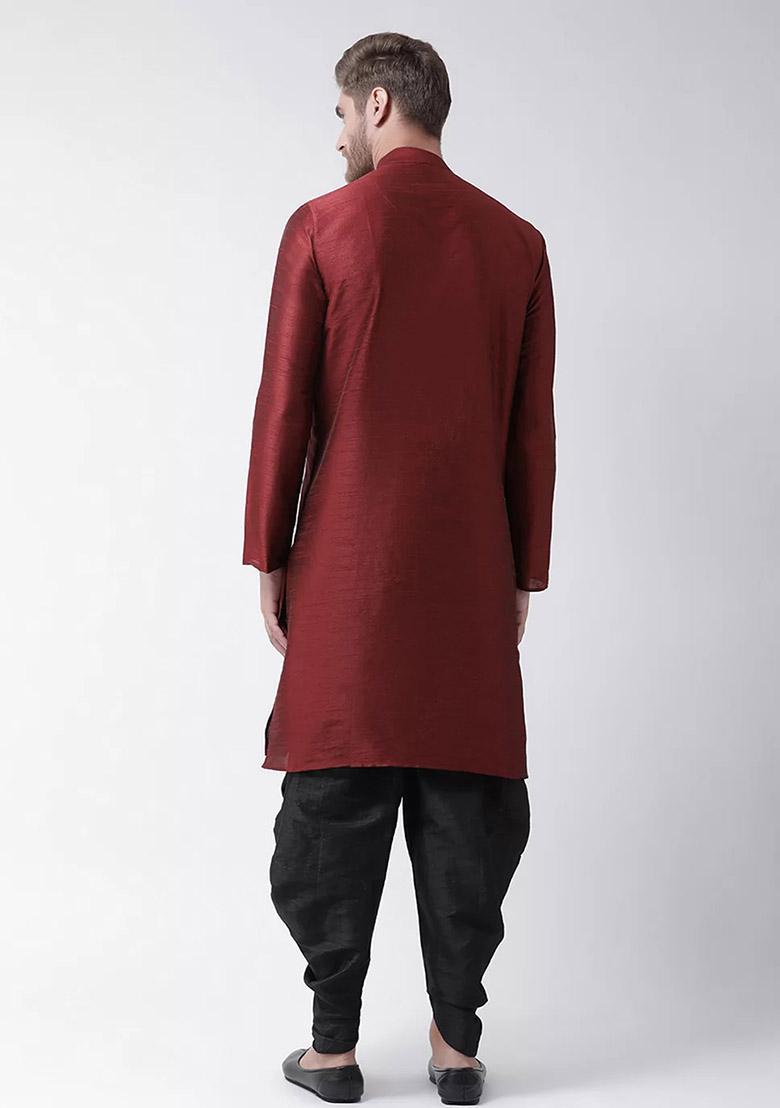 Maroon Embroidered Dupion Silk Kurta Set For Men - Indya