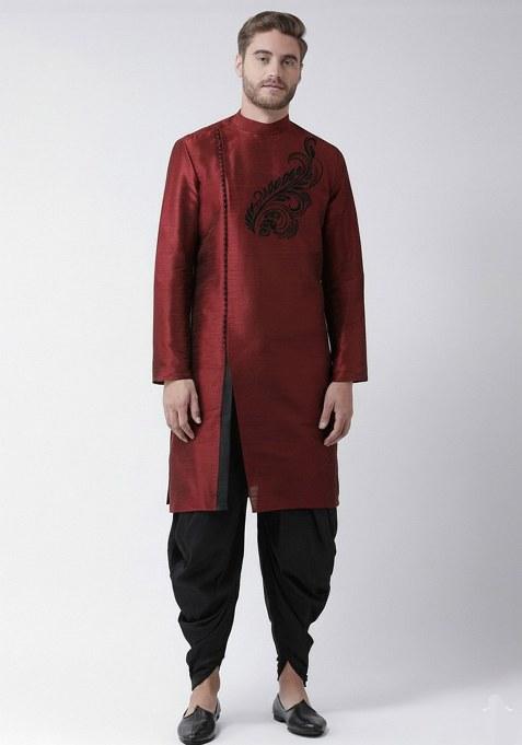 Maroon Embroidered Dupion Silk Kurta Set For Men