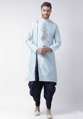 Light Blue Embroidered Dupion Silk Kurta Set For Men