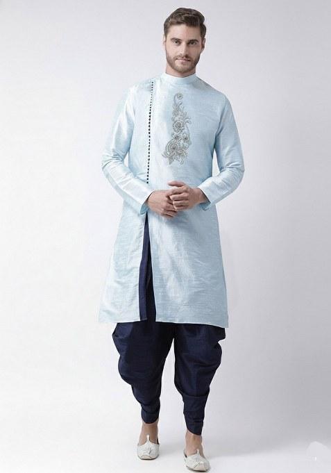 Light Blue Embroidered Dupion Silk Kurta Set For Men
