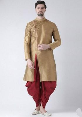 Beige Embroidered Dupion Silk Kurta Set For Men