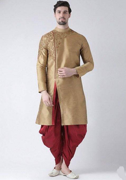 Beige Embroidered Dupion Silk Kurta Set For Men