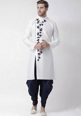 White Embroidered Dupion Silk Kurta Set For Men