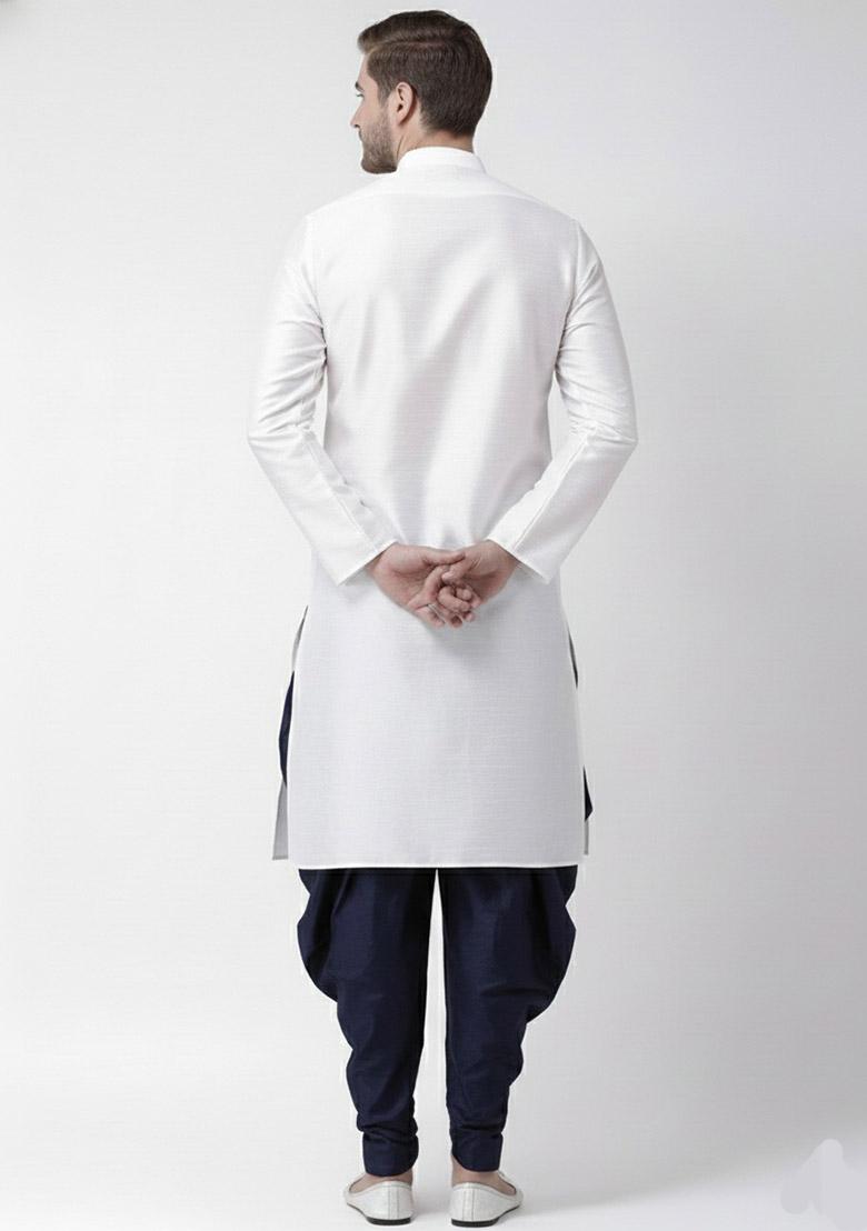 White Embroidered Dupion Silk Kurta Set For Men - Indya