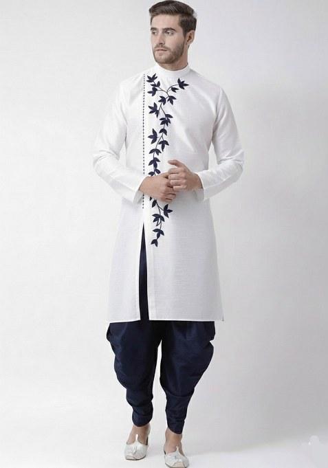 White Embroidered Dupion Silk Blend Kurta Set For Men