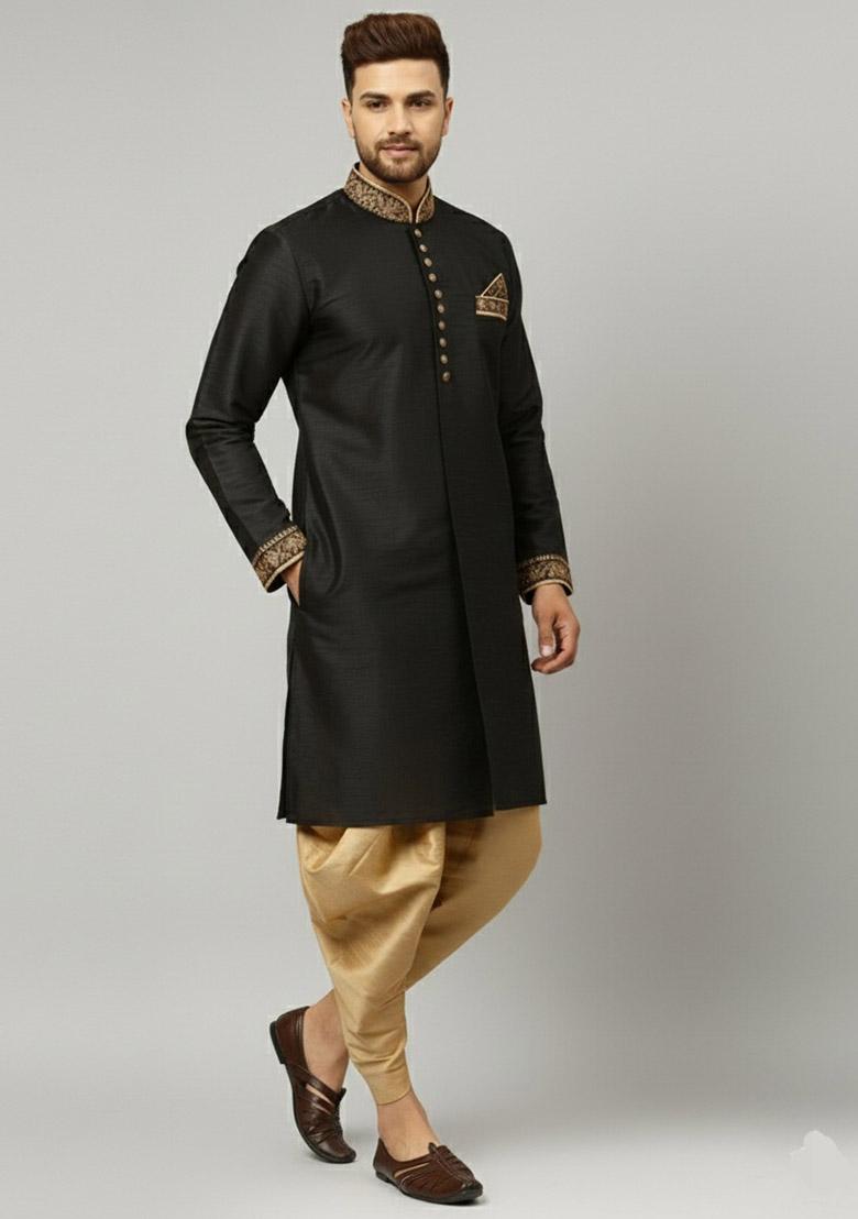 Black Embroidered Dupion Silk Kurta Set For Men - Indya