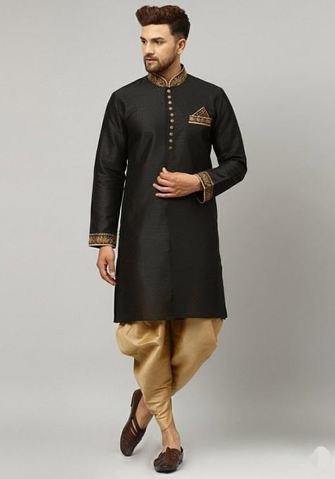 Black Embroidered Dupion Silk Kurta Set For Men