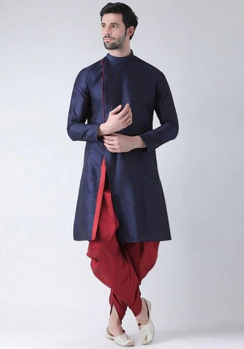 Navy Embroidered Dupion Silk Kurta Set For Men