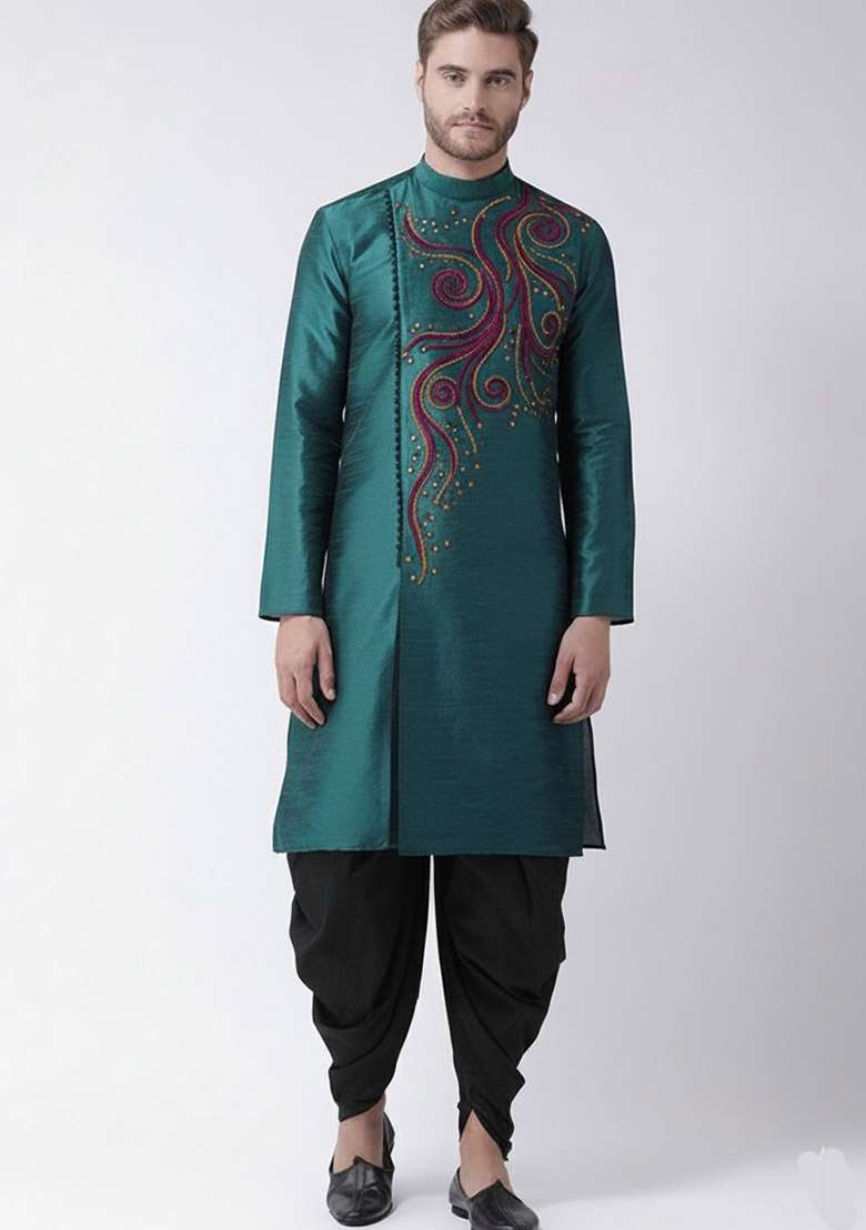 Sea Green Embroidered Dupion Silk Blend Kurta Set For Men - Indya