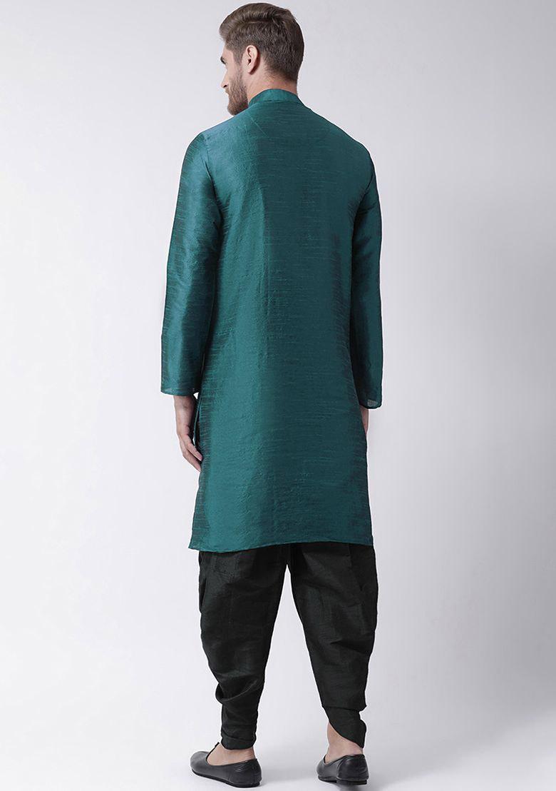 Sea Green Embroidered Dupion Silk Kurta Set For Men - Indya