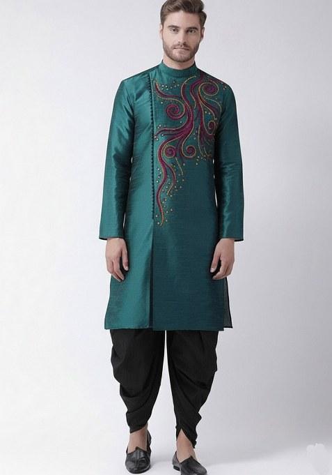 Sea Green Embroidered Dupion Silk Blend Kurta Set For Men