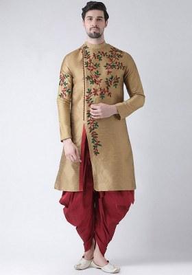 Beige Embroidered Dupion Silk Kurta Set For Men