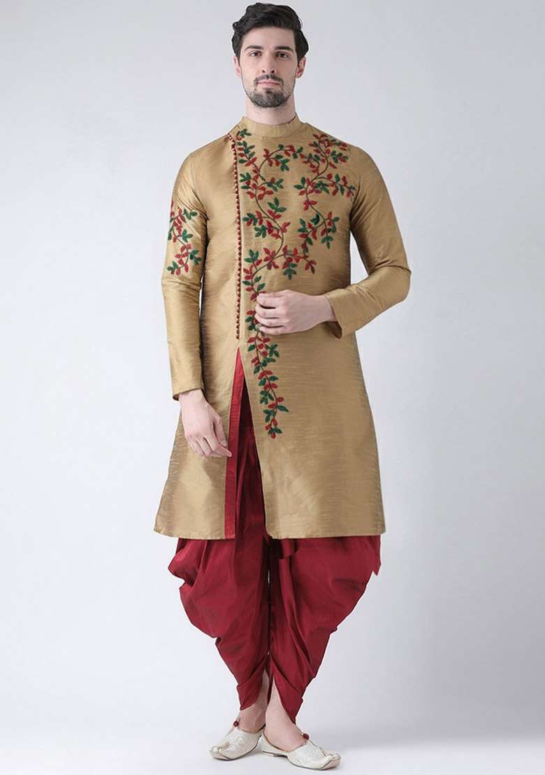 Beige Embroidered Dupion Silk Blend Kurta Set For Men - Indya