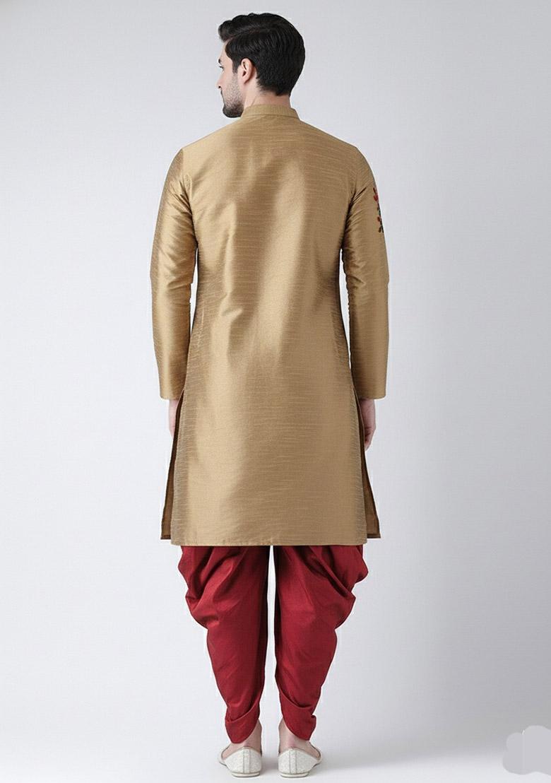 Beige Embroidered Dupion Silk Kurta Set For Men - Indya