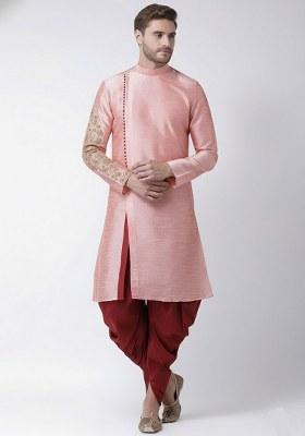 Peach Embroidered Dupion Silk Kurta Set For Men
