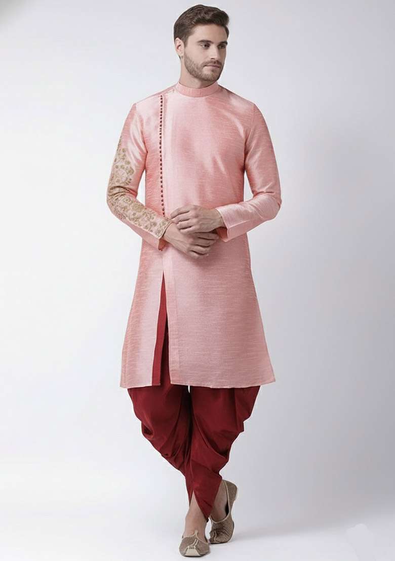 Peach Embroidered Dupion Silk Blend Kurta Set For Men - Indya