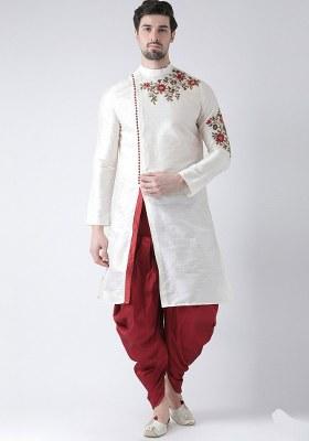 White Embroidered Dupion Silk Kurta Set For Men