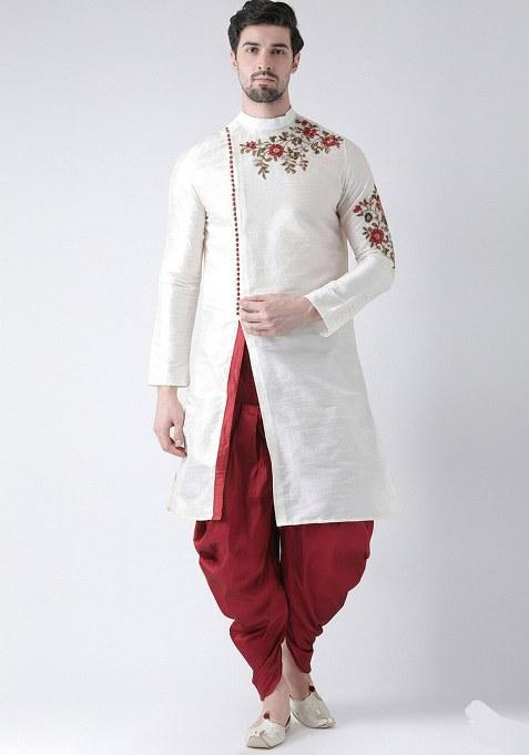 White Embroidered Dupion Silk Blend Kurta Set For Men