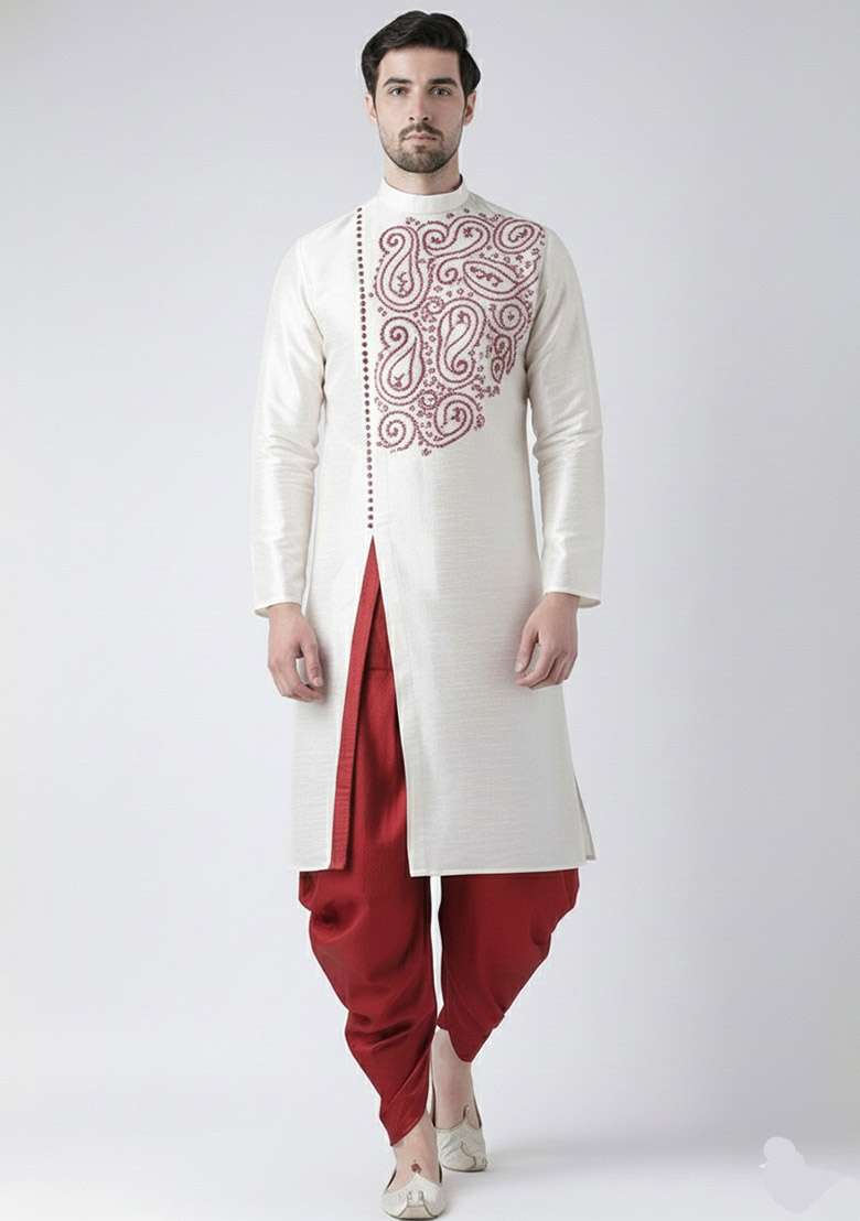 White Embroidered Dupion Silk Blend Kurta Set For Men - Indya