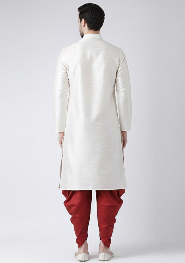 White Embroidered Dupion Silk Kurta Set For Men - Indya