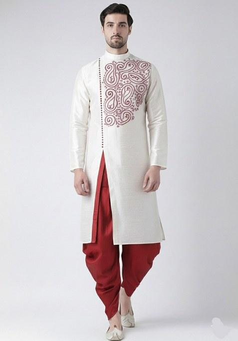 White Embroidered Dupion Silk Blend Kurta Set For Men