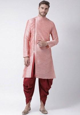 Peach Embroidered Dupion Silk Kurta Set For Men