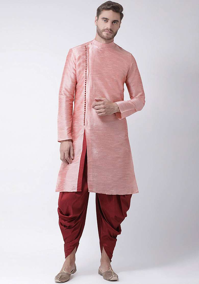 Peach Embroidered Dupion Silk Blend Kurta Set For Men - Indya