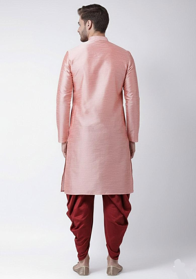 Peach Embroidered Dupion Silk Kurta Set For Men - Indya