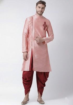 Peach  Embroidered Dupion Silk Kurta Set For Men