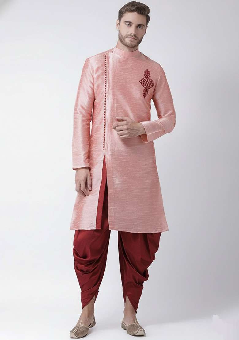 Peach Embroidered Dupion Silk Blend Kurta Set For Men - Indya