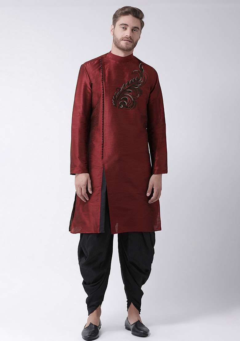 Maroon Embroidered Dupion Silk Blend Kurta Set For Men - Indya