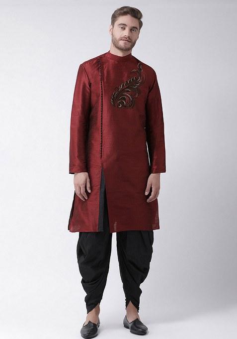 Maroon Embroidered Dupion Silk Kurta Set For Men