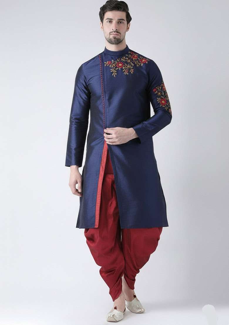 Navy Embroidered Dupion Silk Blend Kurta Set For Men - Indya