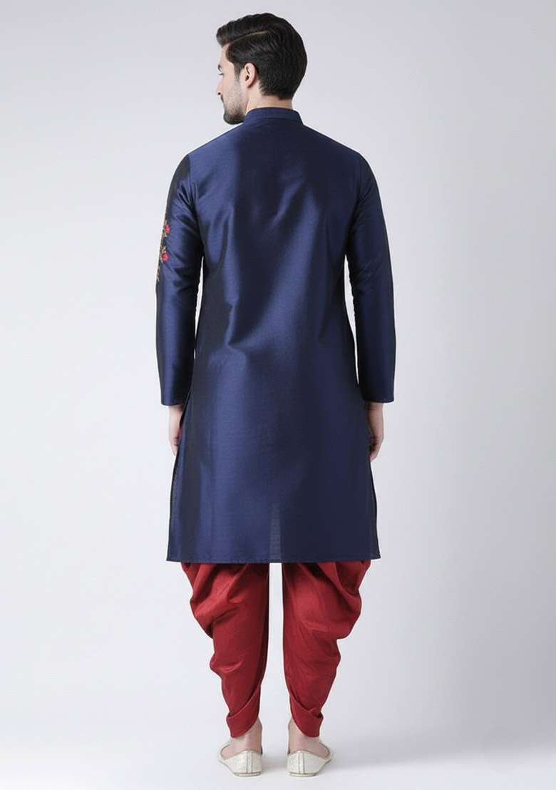 Navy Embroidered Dupion Silk Blend Kurta Set For Men - Indya