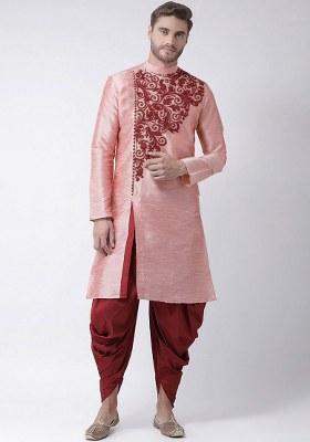 Peach Embroidered Dupion Silk Kurta Set For Men