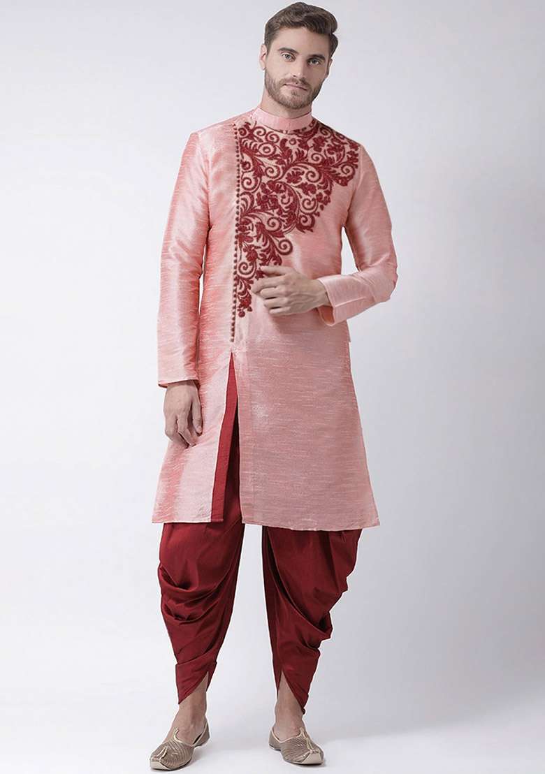 Peach Embroidered Dupion Silk Blend Kurta Set For Men - Indya