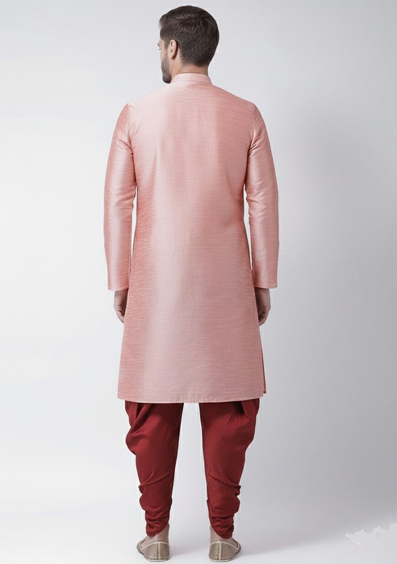 Peach Embroidered Dupion Silk Kurta Set For Men - Indya