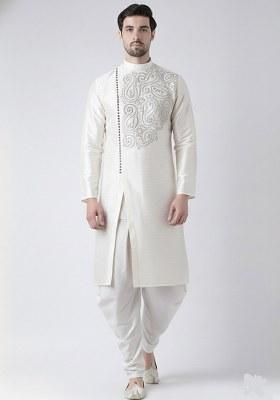 White Embroidered Dupion Silk Kurta Set For Men