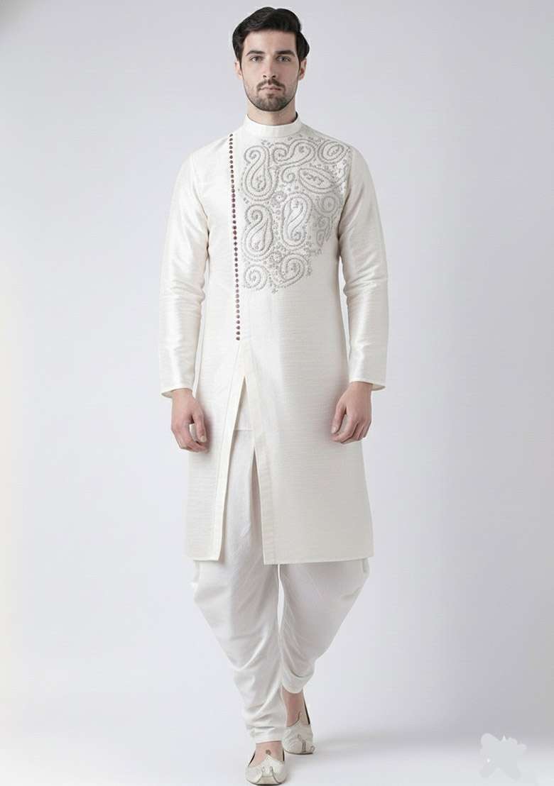 White Embroidered Dupion Silk Blend Kurta Set For Men - Indya