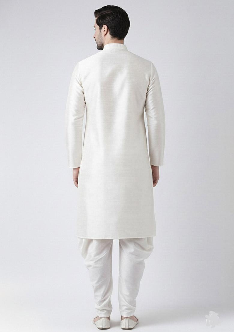 White Embroidered Dupion Silk Kurta Set For Men - Indya